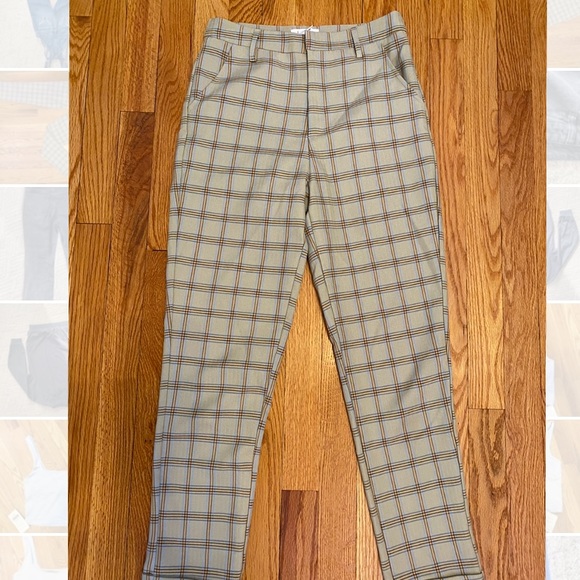 Plaid pants, size S, tan with brown and blue, clasp - Picture 3 of 4